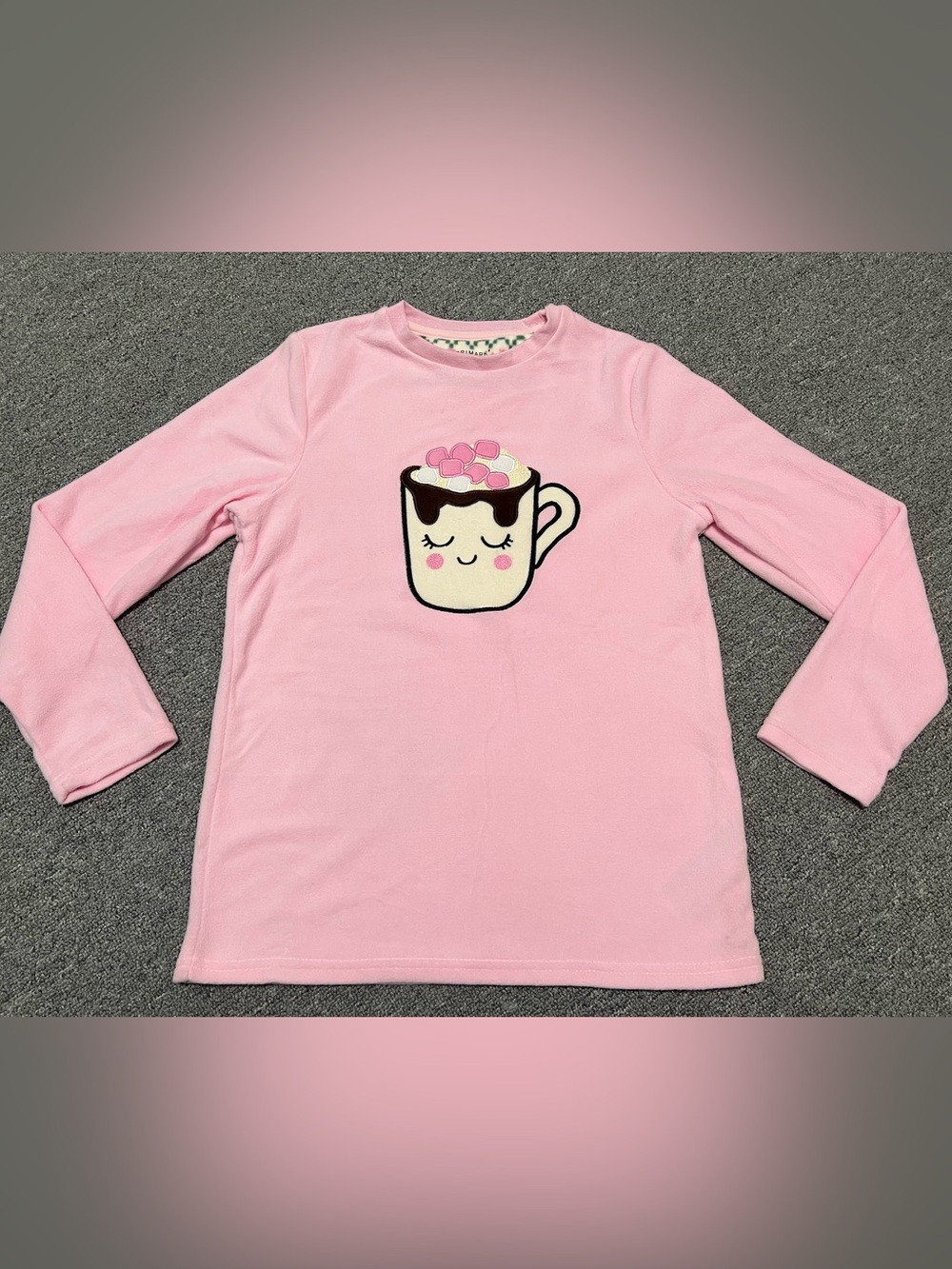 Primark Pink Kids Fleece Top with Hot Cocoa Mug Appliqués 10-11T